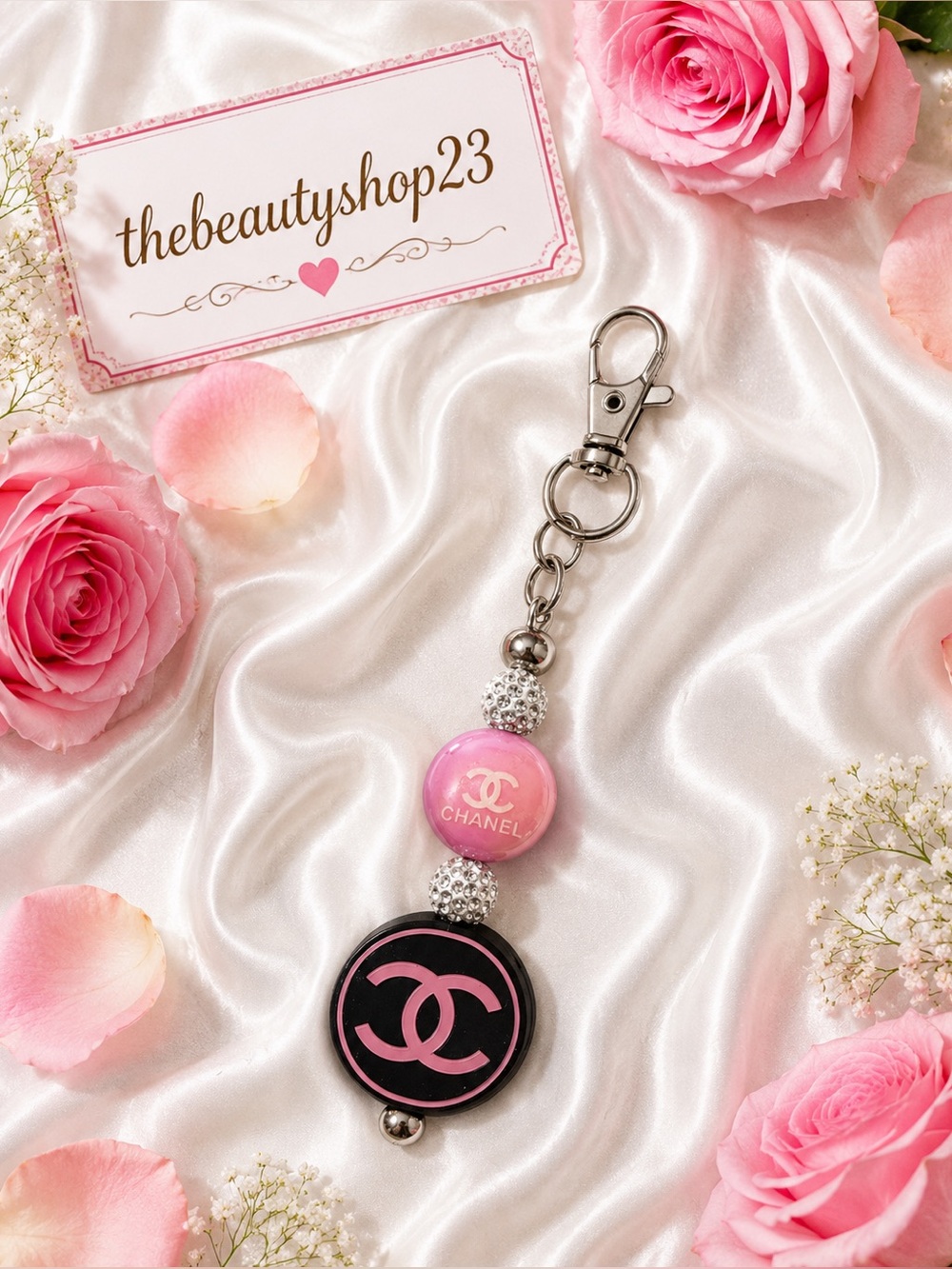 Handmade C C Pink & Black Boujee Bag Charm